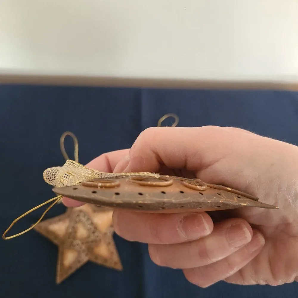 Vintage Textured Metal Holiday Christmas Tree Star Heart Ornaments Set Of Three